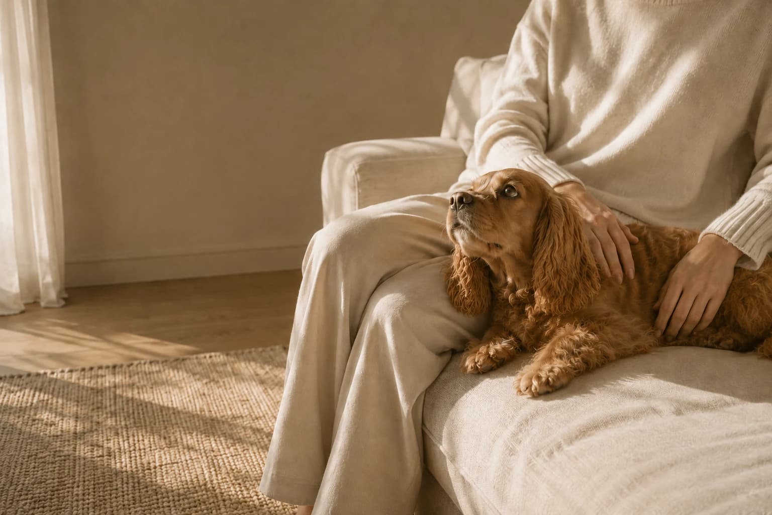 A golden Cocker Spaniel resting on a cream armchair beside its owner, warm natural light, quiet domestic moment