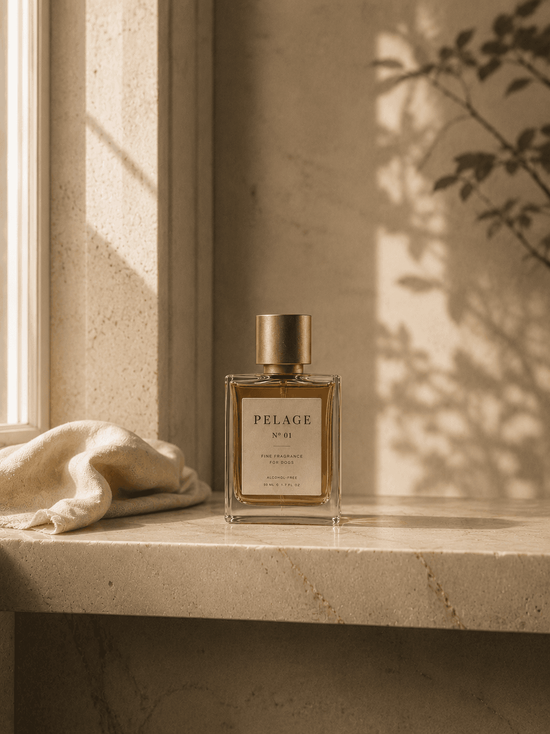 Pelage Nº 01 bottle on a travertine shelf by a window, soft morning light and botanical shadow