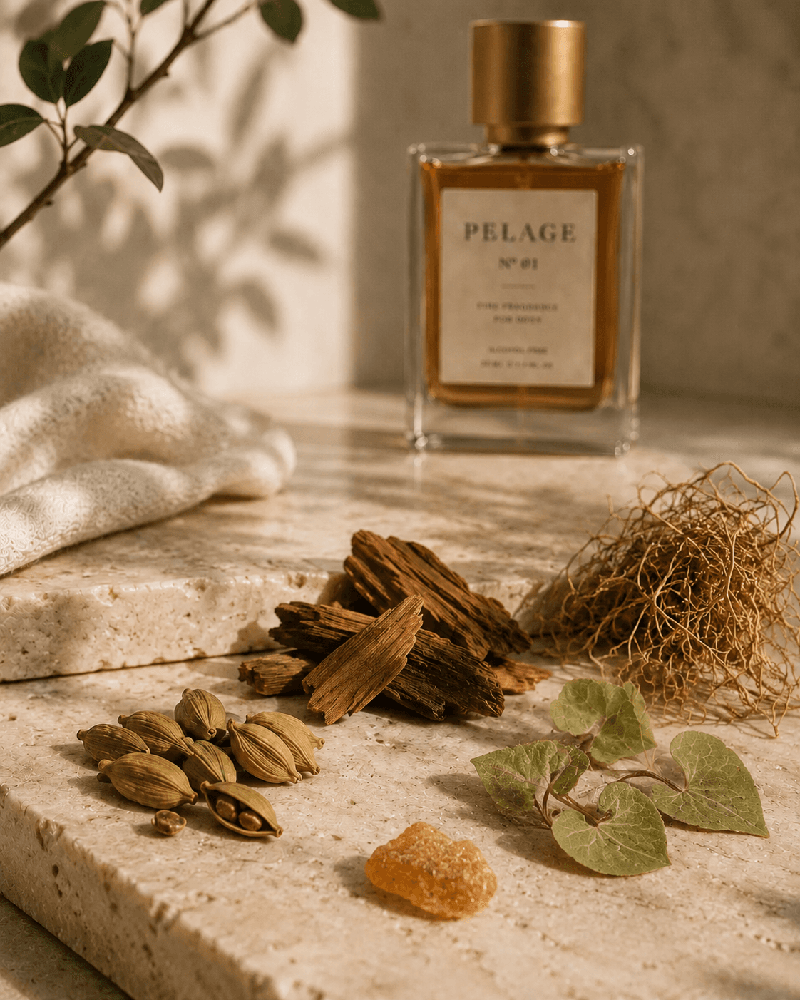 Cardamom pods, sandalwood pieces and botanicals arranged on travertine, Pelage Nº 01 bottle in the background