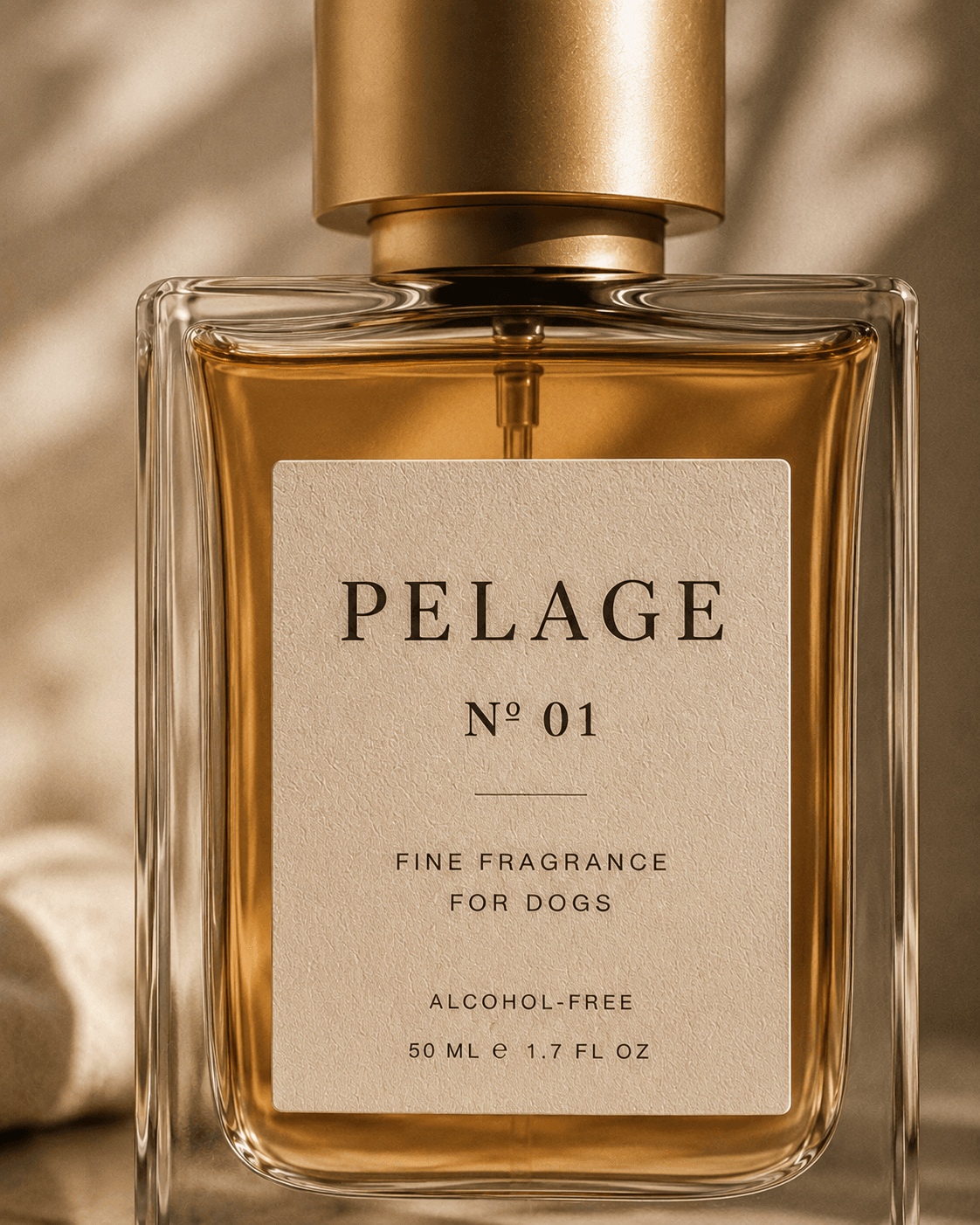 Pelage Nº 01 label close-up, brushed gold cap, warm editorial light
